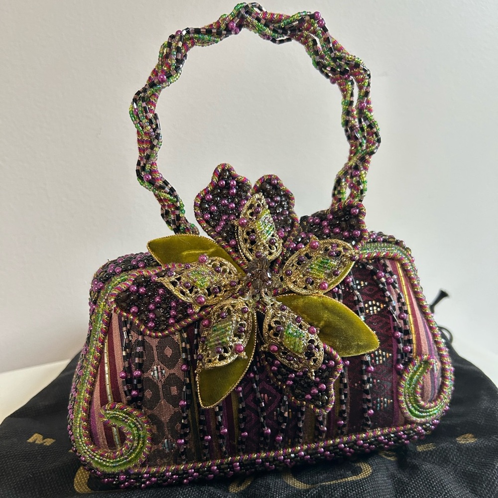 Mary Frances Floral Beaded Evening Bag — Plum and Green